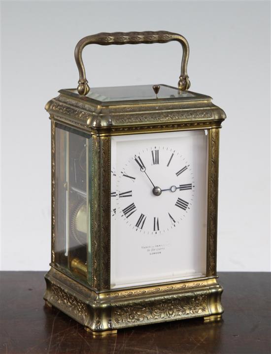 Margaine. A 19th century French engraved brass hour repeating carriage clock, 6in.